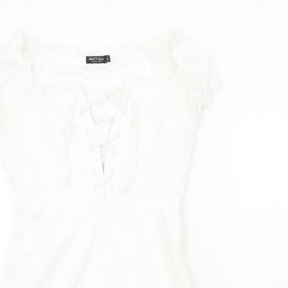 Nasty Gal Womens White Cotton Mini Size 8 V-Neck Zip - Lace Up Front