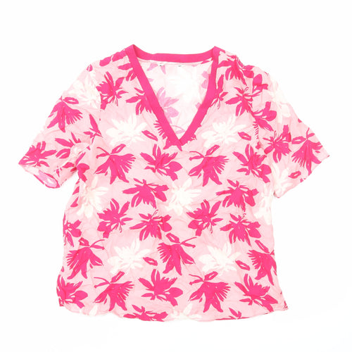 Preworn Womens Pink Floral Polyester Basic T-Shirt Size M V-Neck