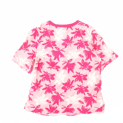 Preworn Womens Pink Floral Polyester Basic T-Shirt Size M V-Neck