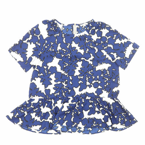 River Island Womens Blue Floral Polyester Basic T-Shirt Size 8 Scoop Neck - Peplum