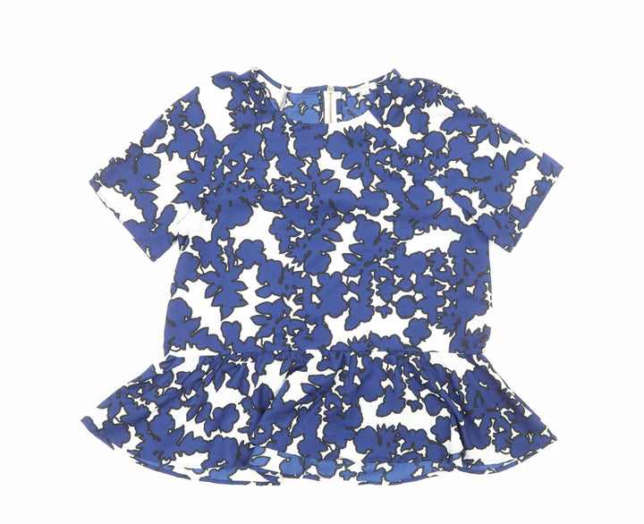 River Island Womens Blue Floral Polyester Basic T-Shirt Size 8 Scoop Neck - Peplum