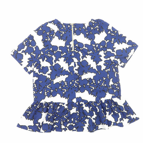 River Island Womens Blue Floral Polyester Basic T-Shirt Size 8 Scoop Neck - Peplum