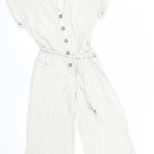 H&M Womens Beige Linen Jumpsuit One-Piece Size 10 Button