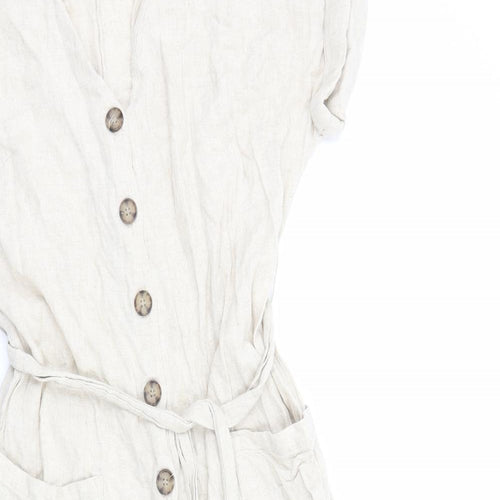 H&M Womens Beige Linen Jumpsuit One-Piece Size 10 Button