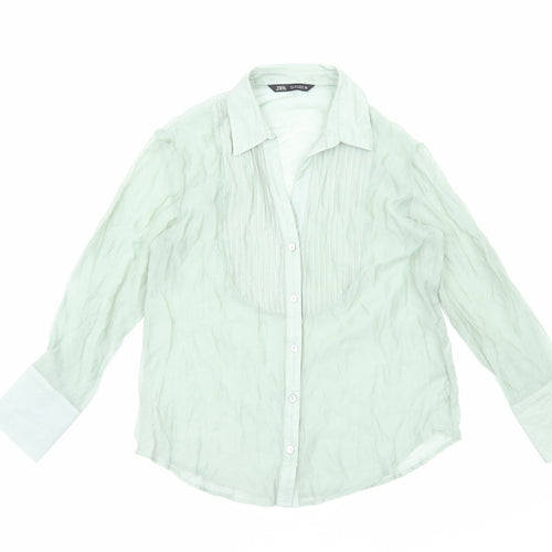 Zara Womens Green Polyester Basic Button-Up Size S V-Neck