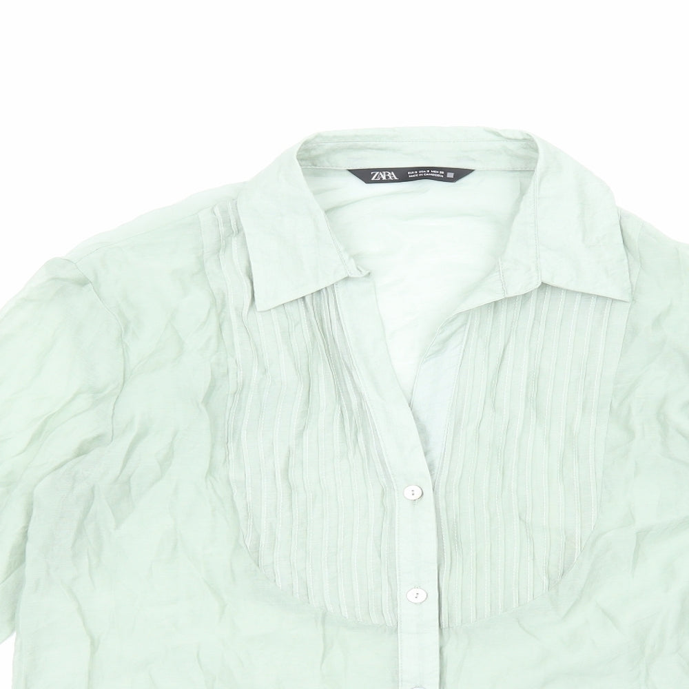 Zara Womens Green Polyester Basic Button-Up Size S V-Neck