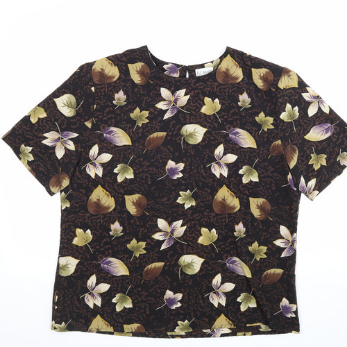Liz Baker Womens Brown Floral Polyester Basic T-Shirt Size L Round Neck
