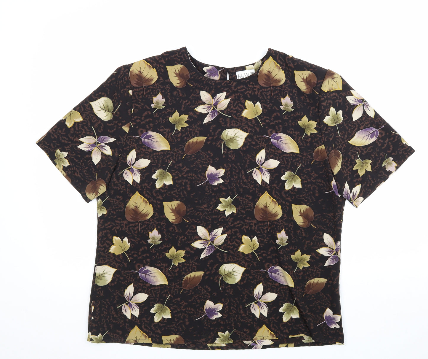 Liz Baker Womens Brown Floral Polyester Basic T-Shirt Size L Round Neck