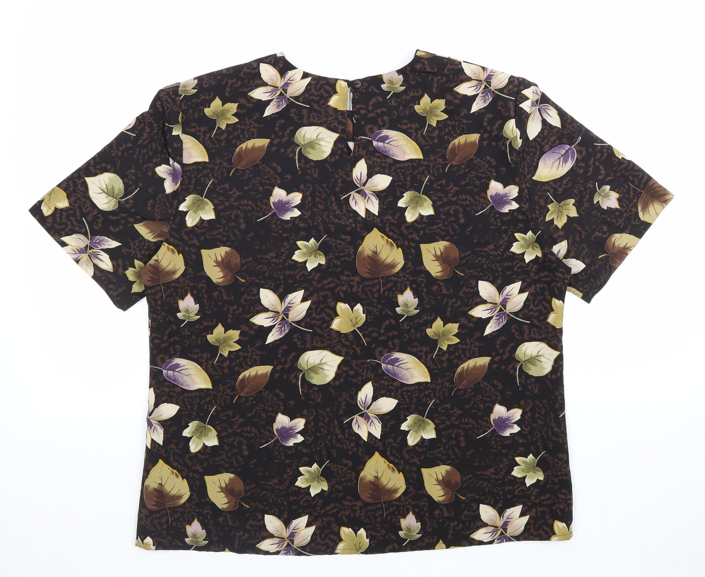 Liz Baker Womens Brown Floral Polyester Basic T-Shirt Size L Round Neck