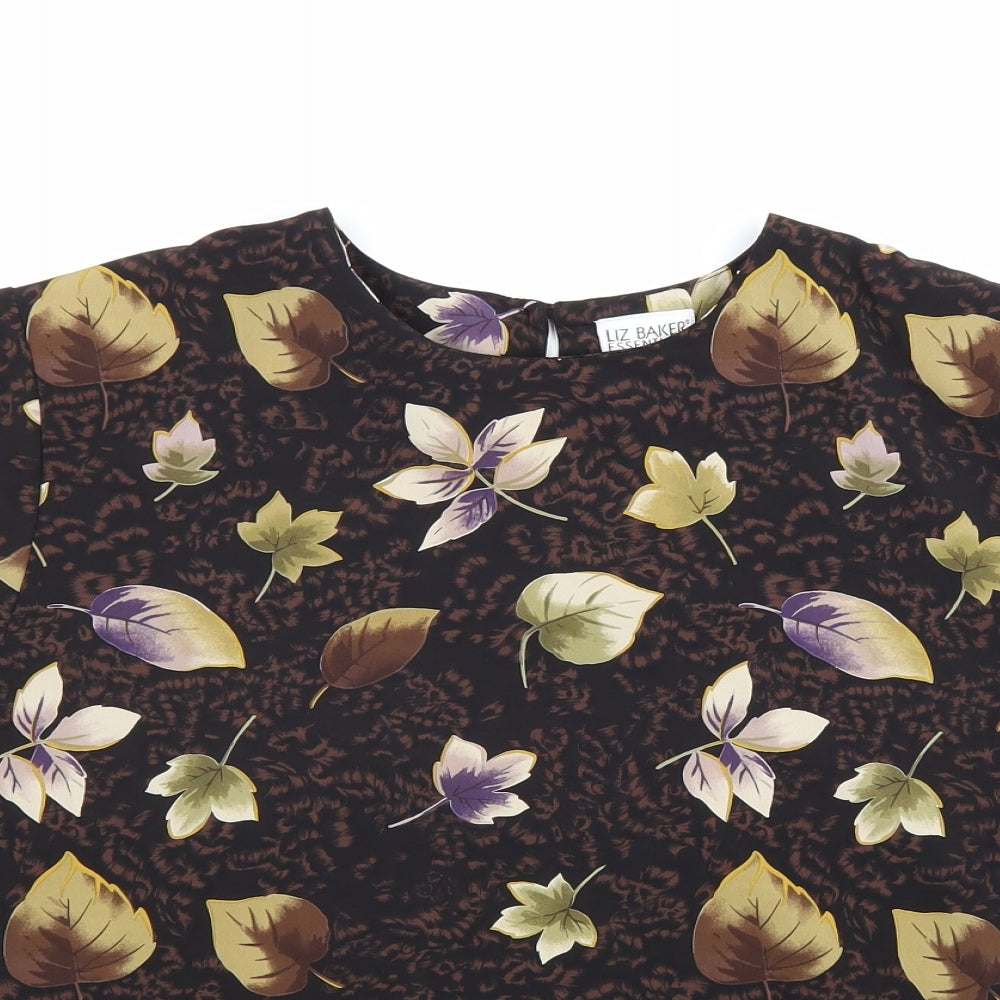 Liz Baker Womens Brown Floral Polyester Basic T-Shirt Size L Round Neck