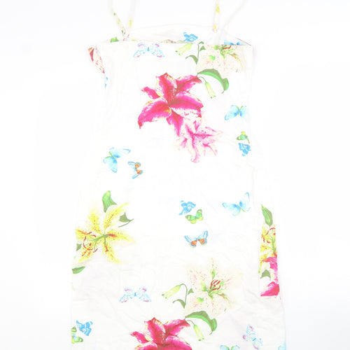 James Lakeland Womens White Floral 100% Cotton Slip Dress Size 12 Square Neck Zip