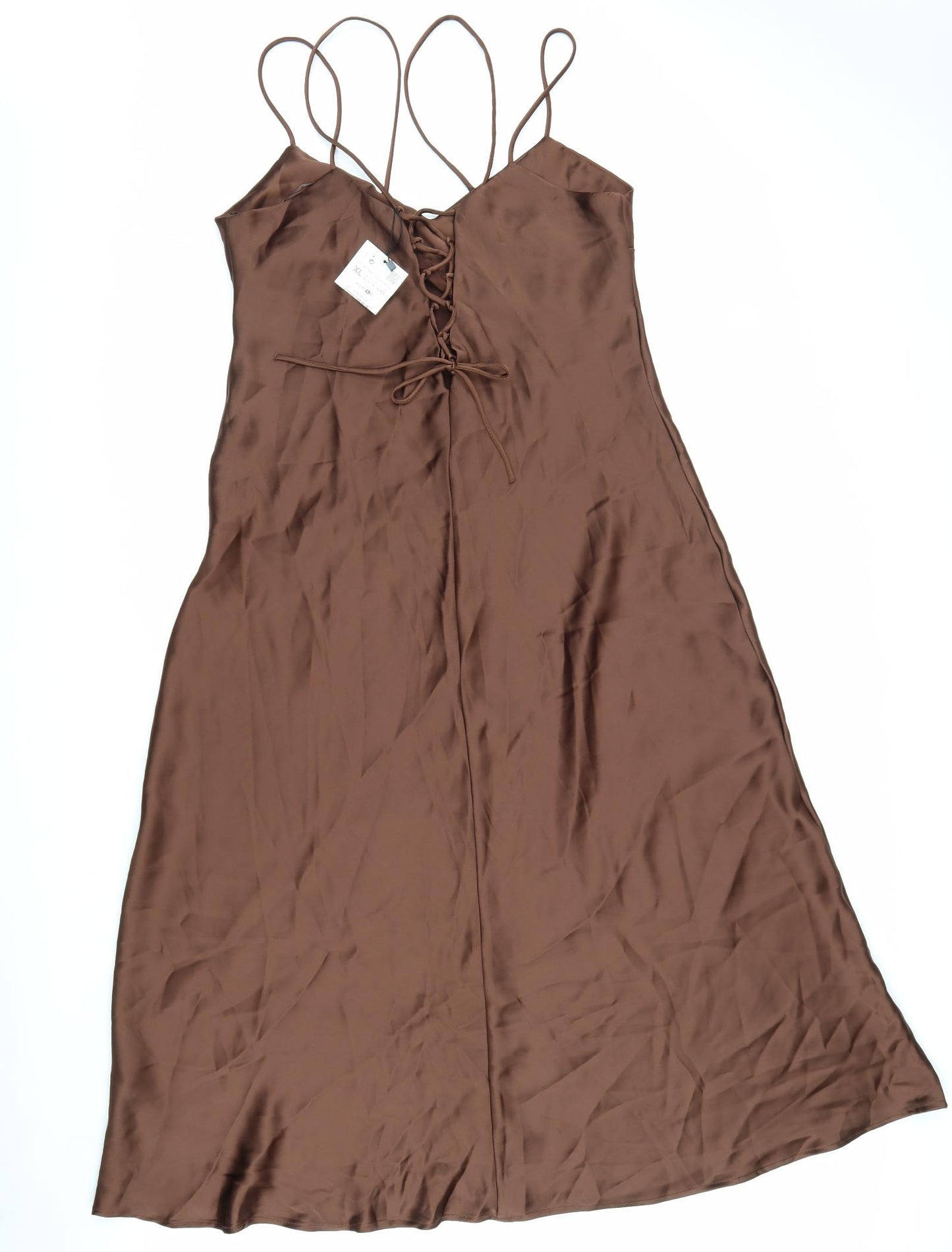 Zara Womens Brown Polyester Slip Dress Size XL V-Neck Lace Up