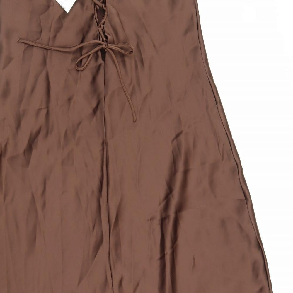 Zara Womens Brown Polyester Slip Dress Size XL V-Neck Lace Up