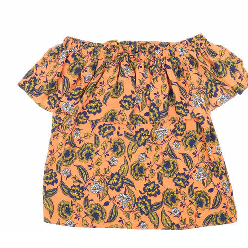 Peacocks Womens Orange Floral Polyester Basic Blouse Size 8 Off the Shoulder - Bardot