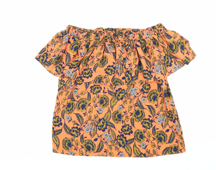 Peacocks Womens Orange Floral Polyester Basic Blouse Size 8 Off the Shoulder - Bardot