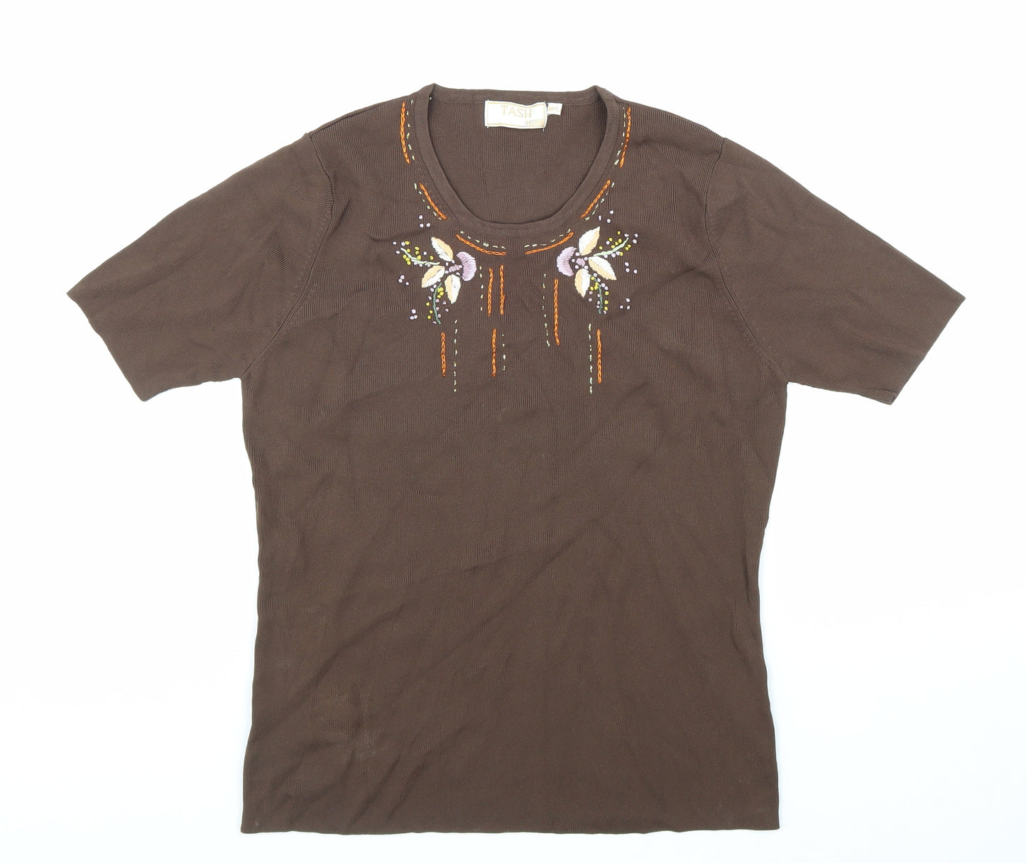 TASH Womens Brown Viscose Basic T-Shirt Size M Round Neck - Floral Detail