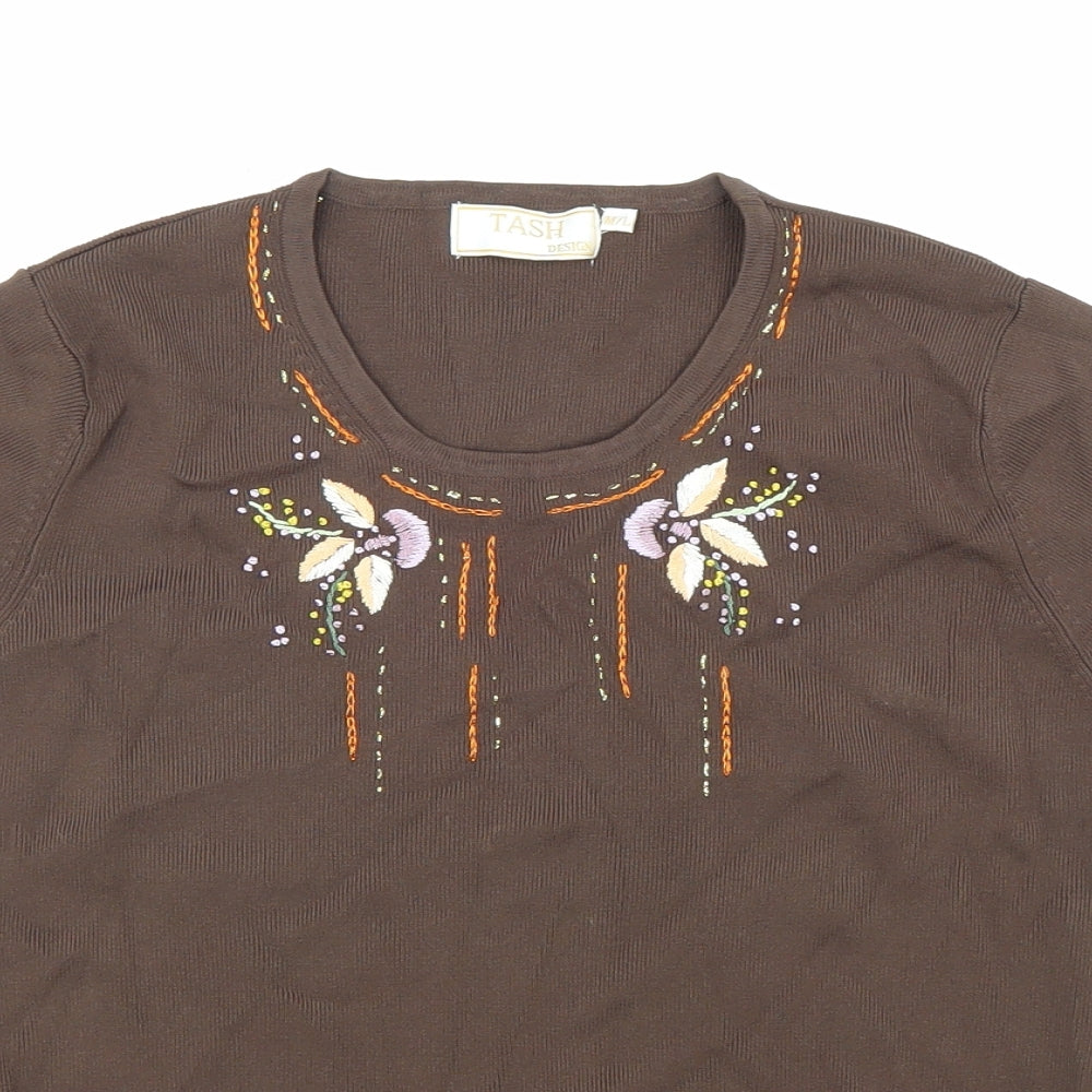 TASH Womens Brown Viscose Basic T-Shirt Size M Round Neck - Floral Detail