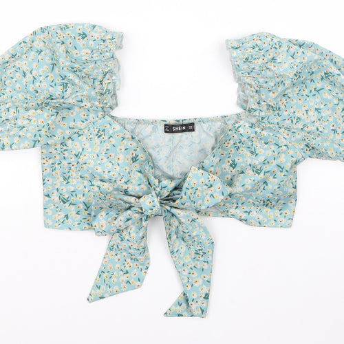 SheIn Womens Blue Floral Polyester Cropped Blouse Size S Sweetheart - Puff Sleeve Tie Front