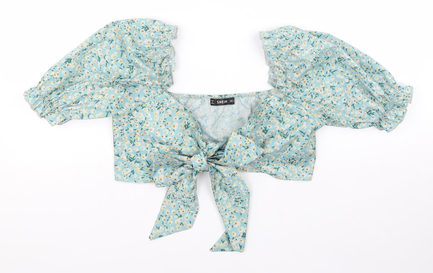 SheIn Womens Blue Floral Polyester Cropped Blouse Size S Sweetheart - Puff Sleeve Tie Front