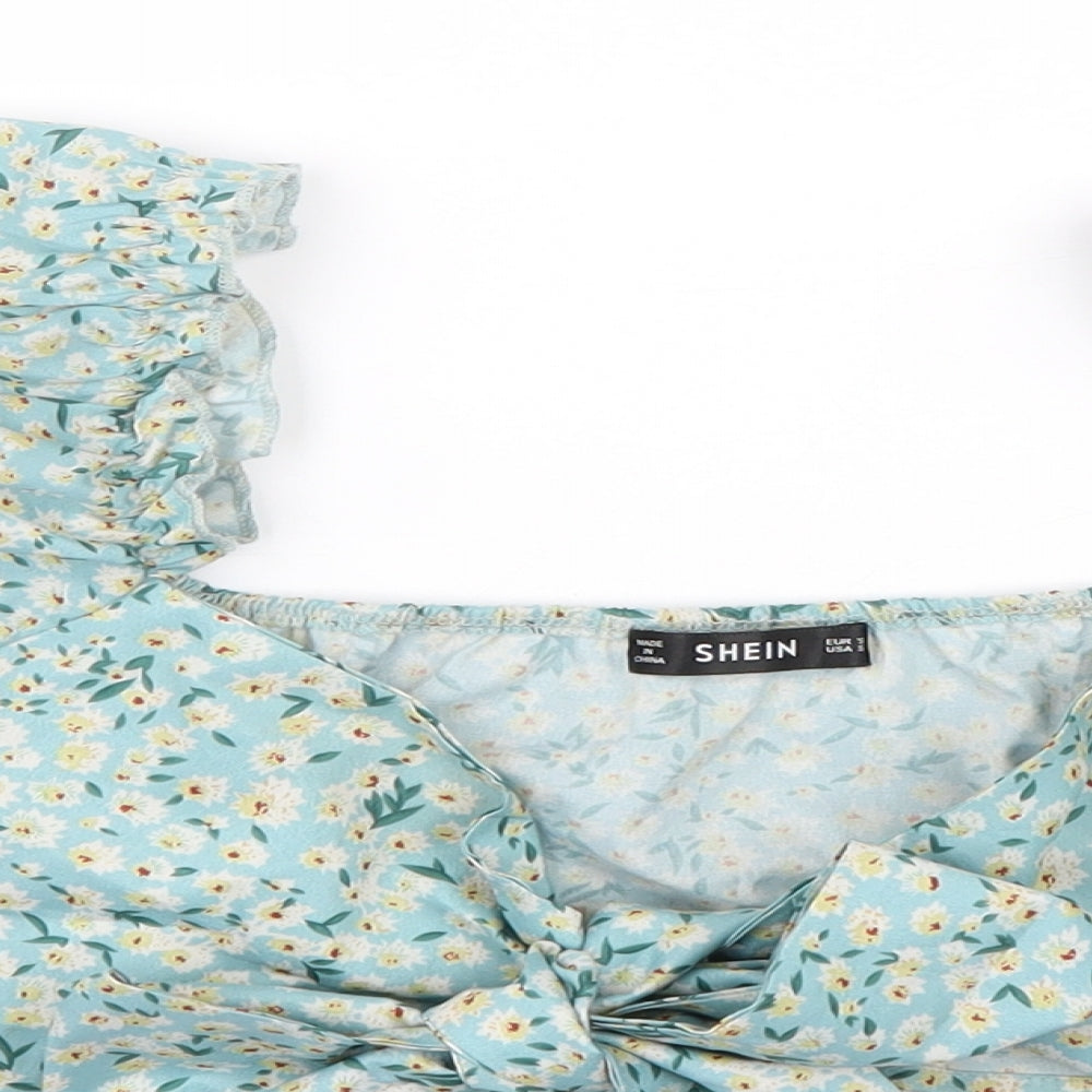 SheIn Womens Blue Floral Polyester Cropped Blouse Size S Sweetheart - Puff Sleeve Tie Front