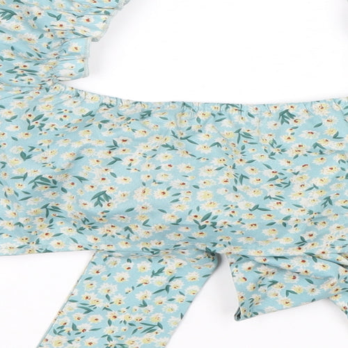 SheIn Womens Blue Floral Polyester Cropped Blouse Size S Sweetheart - Puff Sleeve Tie Front