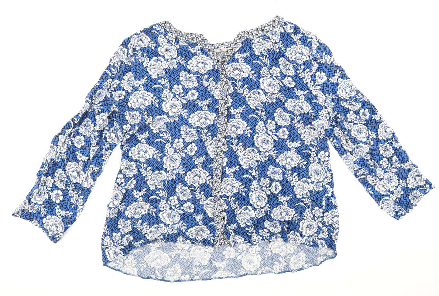 TU Womens Blue Geometric Viscose Basic Blouse Size 16 V-Neck