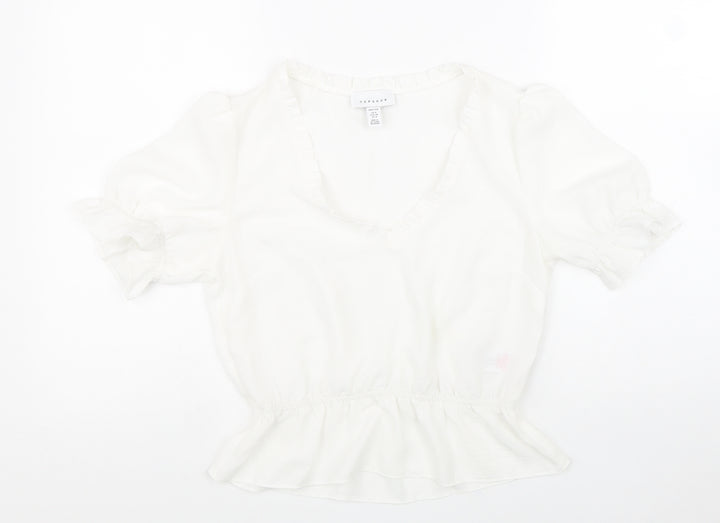 Topshop Womens White Polyester Cropped T-Shirt Size 8 V-Neck