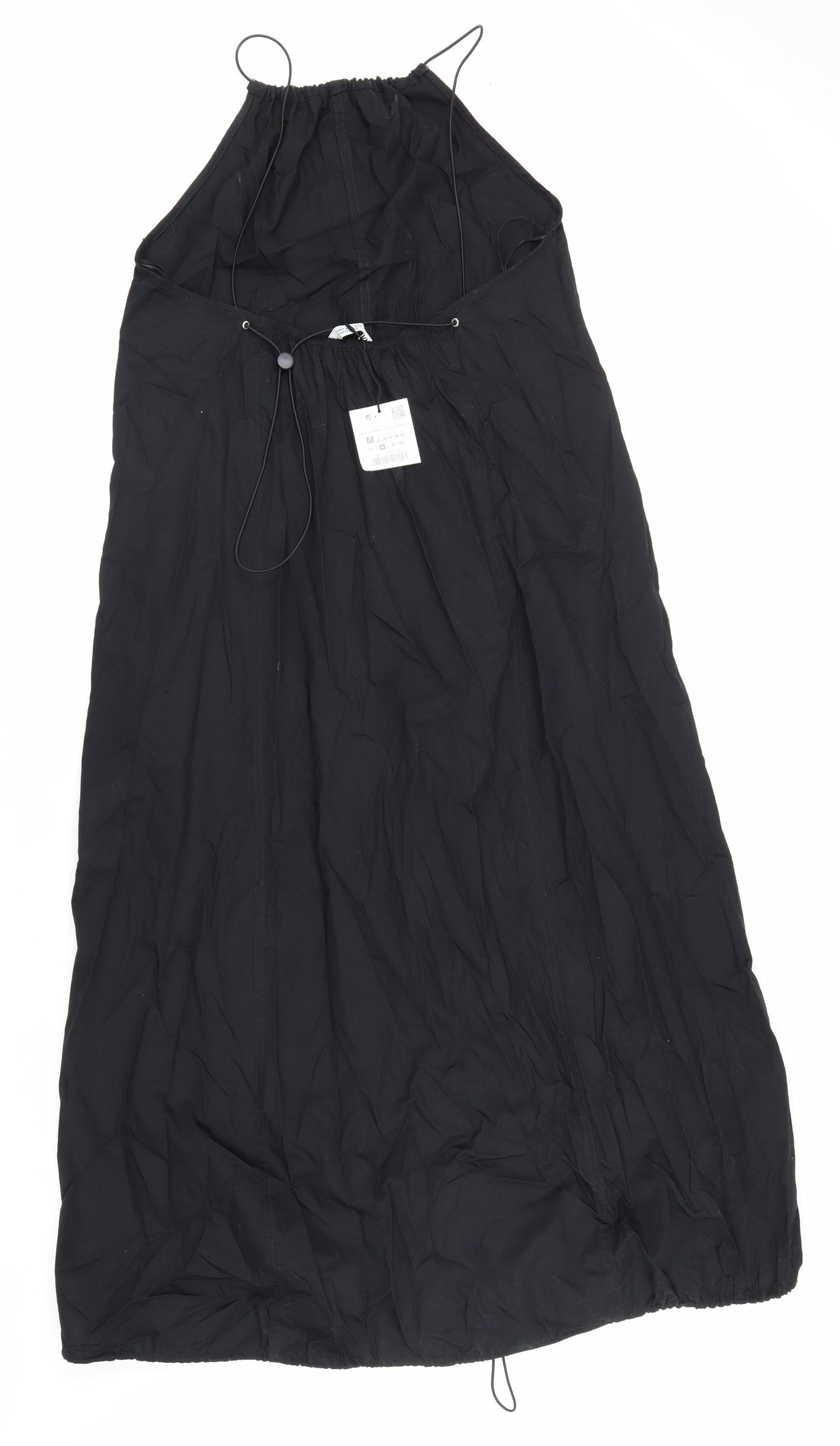 Zara Womens Black 100% Cotton Slip Dress Size M Round Neck Drawstring