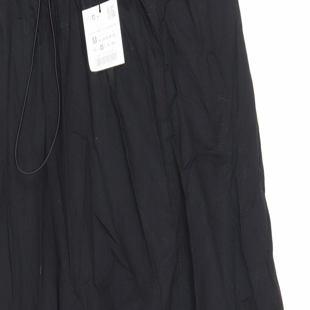 Zara Womens Black 100% Cotton Slip Dress Size M Round Neck Drawstring