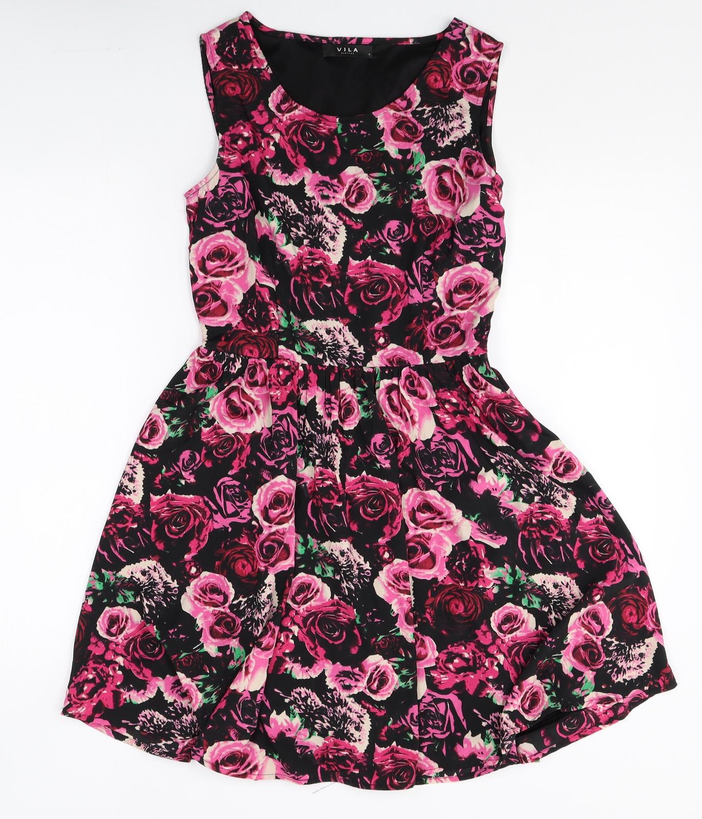 villa Womens Multicoloured Floral Polyester Skater Dress Size S Boat Neck Zip