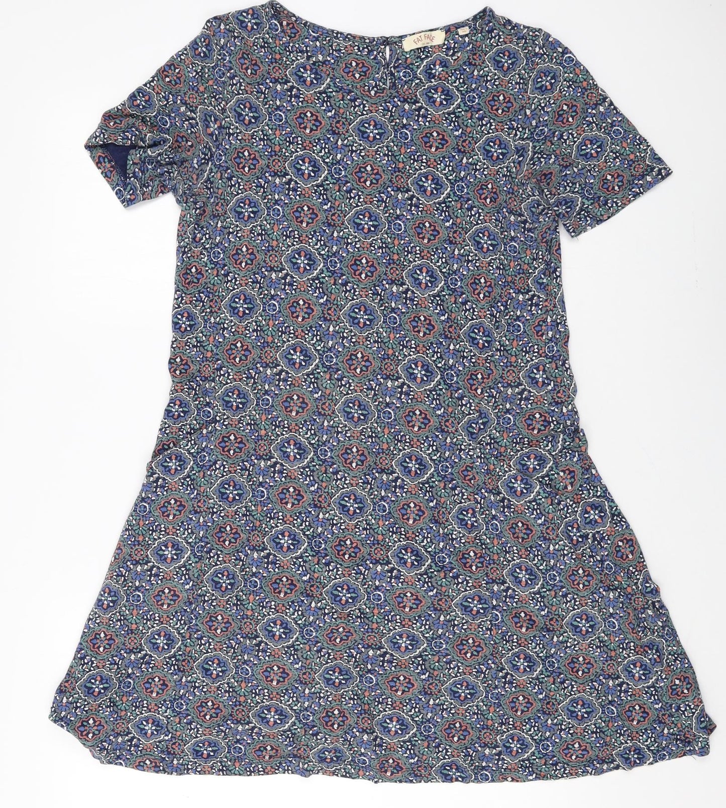 Fat Face Womens Blue Geometric Cotton A-Line Size 8 Boat Neck Button