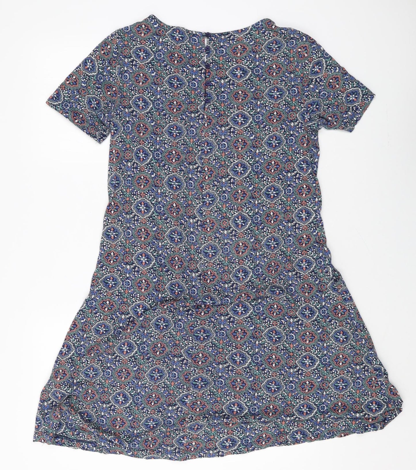 Fat Face Womens Blue Geometric Cotton A-Line Size 8 Boat Neck Button
