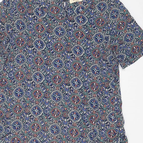 Fat Face Womens Blue Geometric Cotton A-Line Size 8 Boat Neck Button