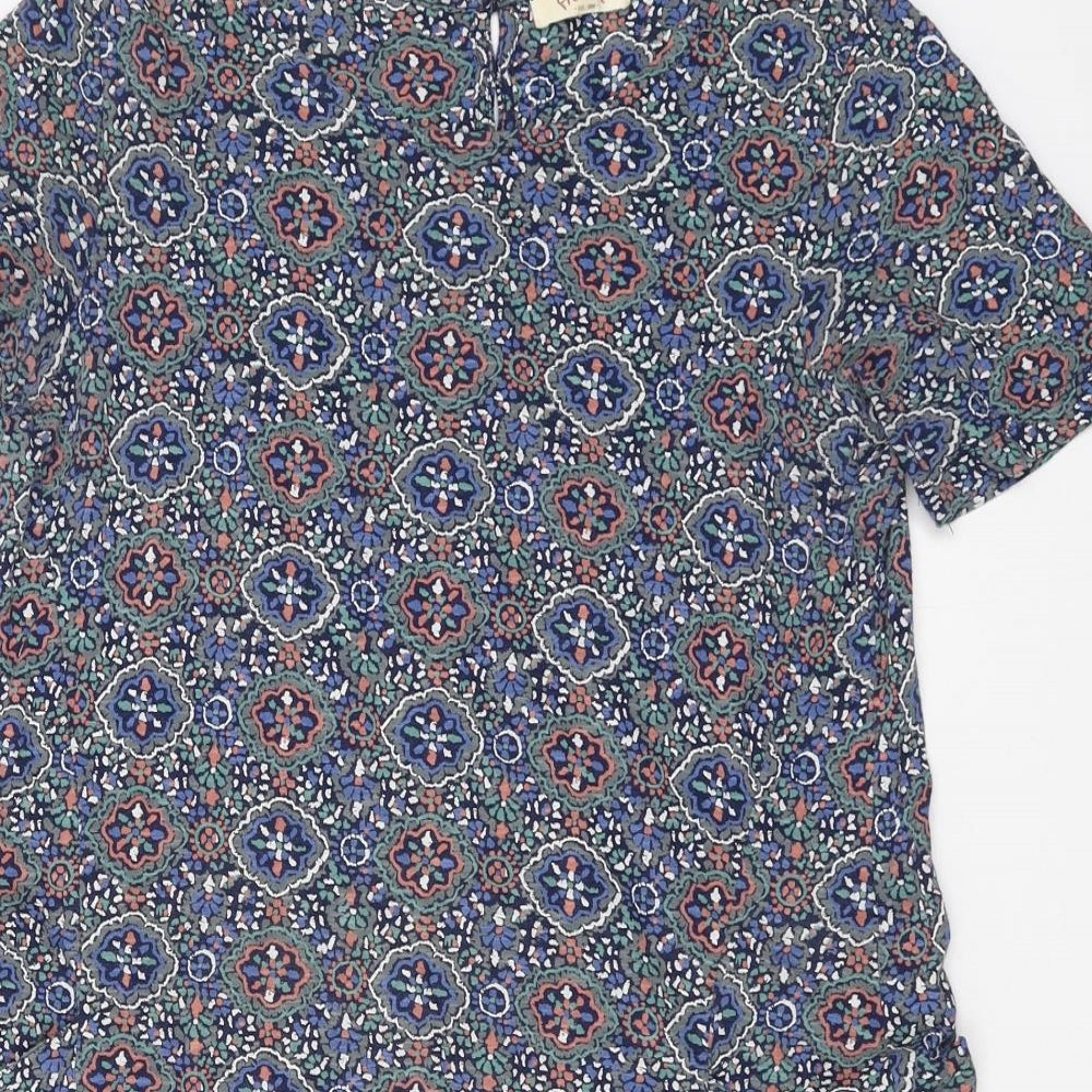 Fat Face Womens Blue Geometric Cotton A-Line Size 8 Boat Neck Button