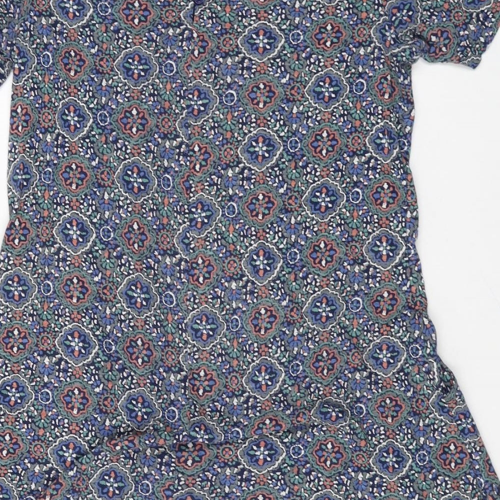 Fat Face Womens Blue Geometric Cotton A-Line Size 8 Boat Neck Button