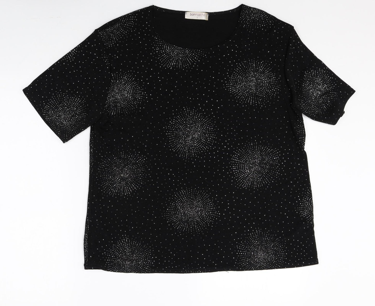 Bonmarché Womens Black Geometric Polyester Basic T-Shirt Size L Round Neck