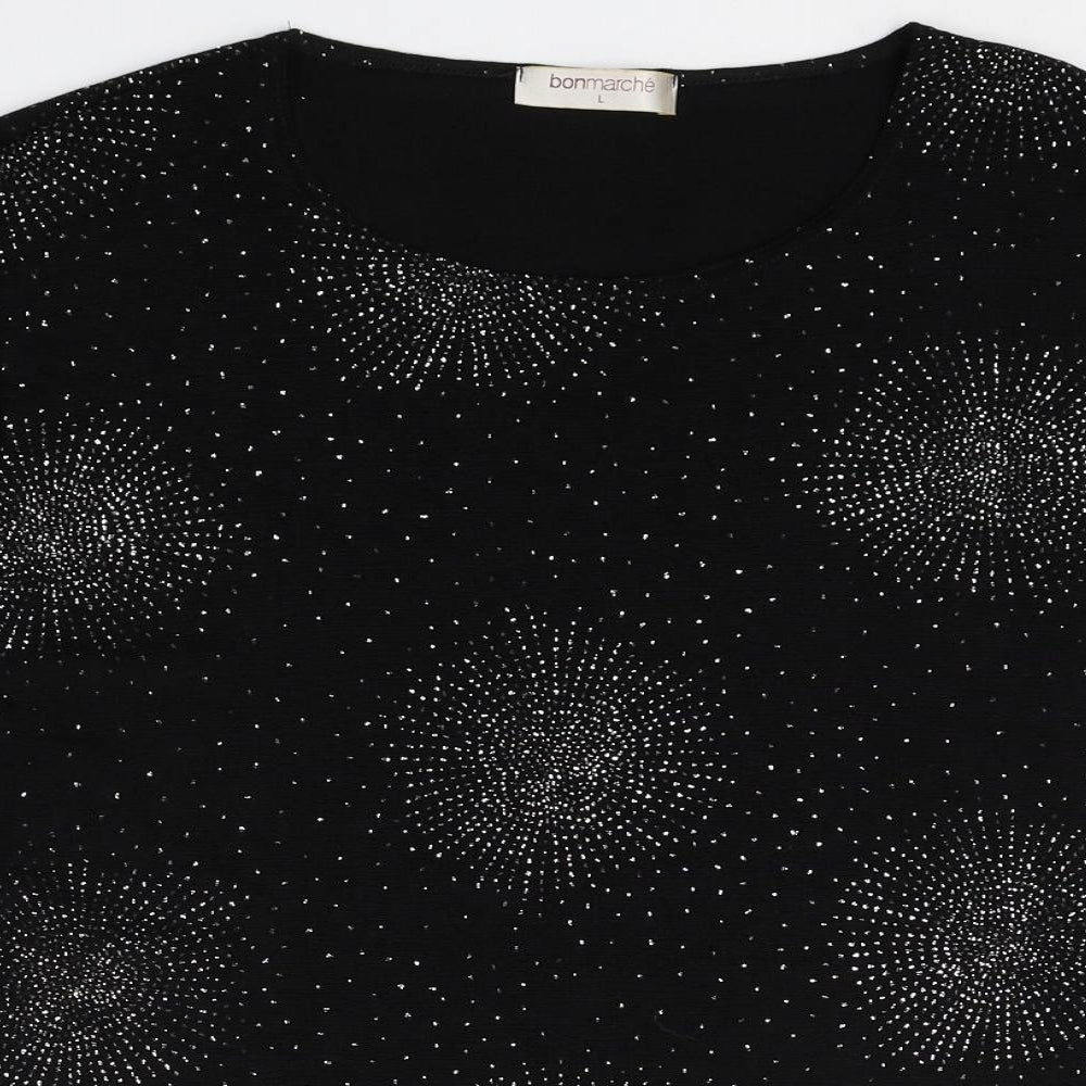 Bonmarché Womens Black Geometric Polyester Basic T-Shirt Size L Round Neck