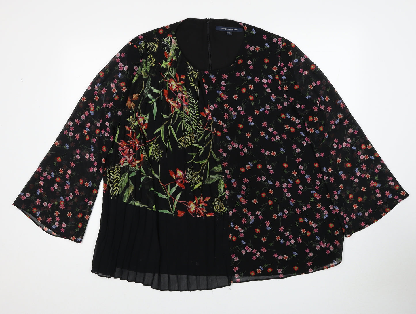 French Connection Womens Black Floral Polyester Basic Blouse Size 16 Round Neck