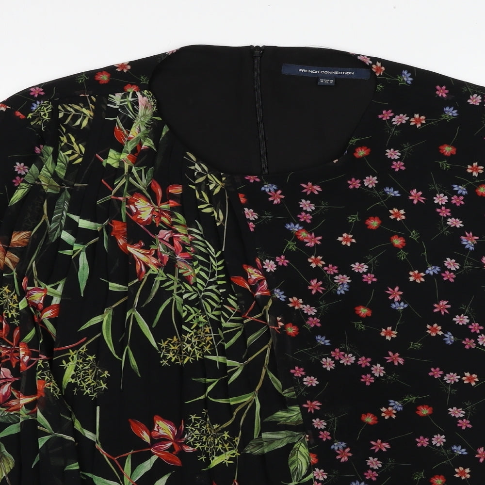 French Connection Womens Black Floral Polyester Basic Blouse Size 16 Round Neck
