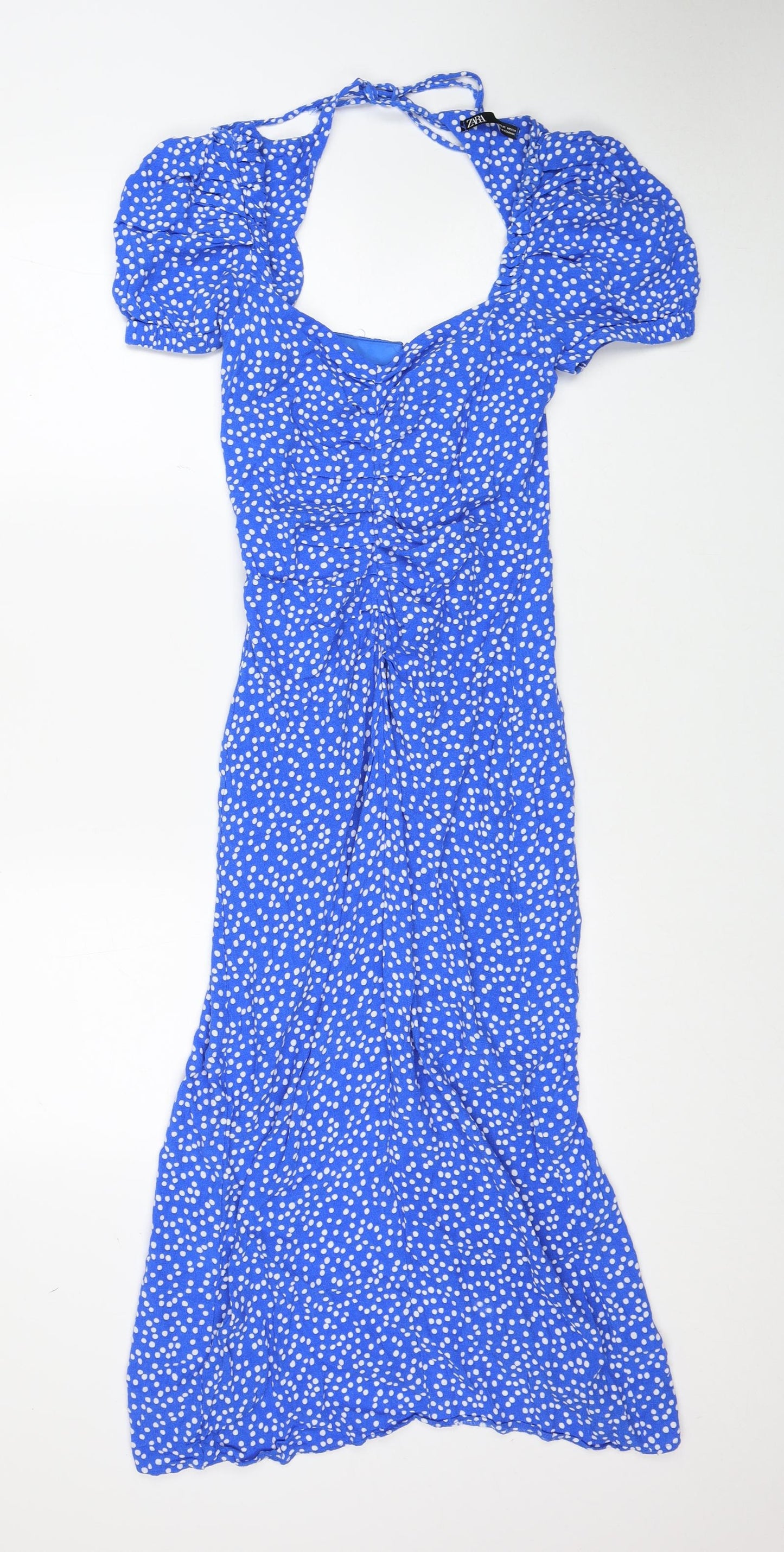 Zara Womens Blue Polka Dot Polyester A-Line Size XS Scoop Neck Zip