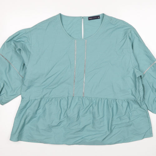 Marks and Spencer Womens Blue Cotton Basic Blouse Size 16 Round Neck - Contrast Stitching