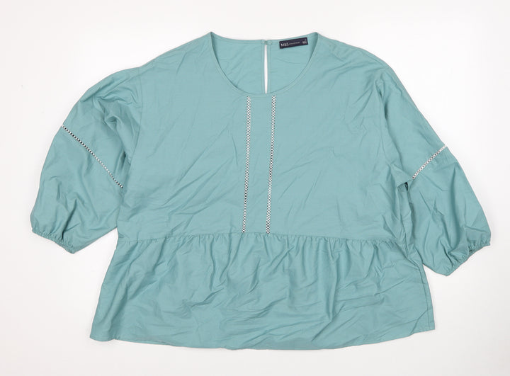Marks and Spencer Womens Blue Cotton Basic Blouse Size 16 Round Neck - Contrast Stitching