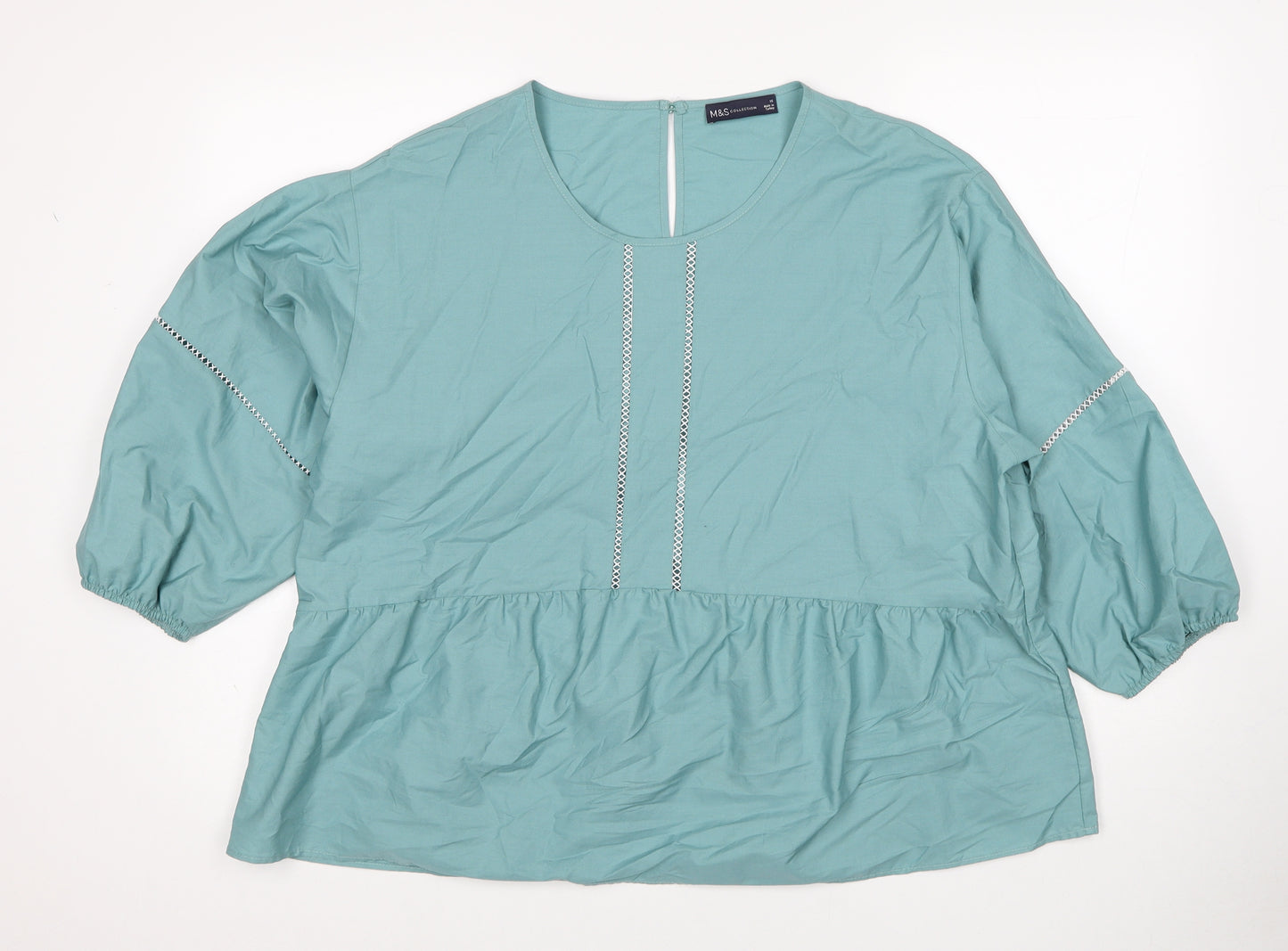 Marks and Spencer Womens Blue Cotton Basic Blouse Size 16 Round Neck - Contrast Stitching