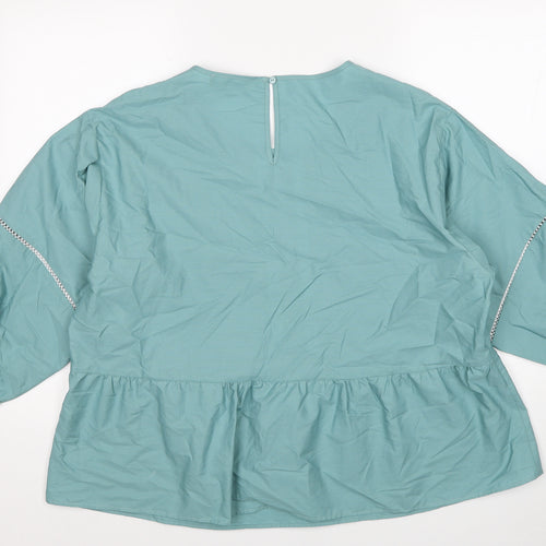 Marks and Spencer Womens Blue Cotton Basic Blouse Size 16 Round Neck - Contrast Stitching