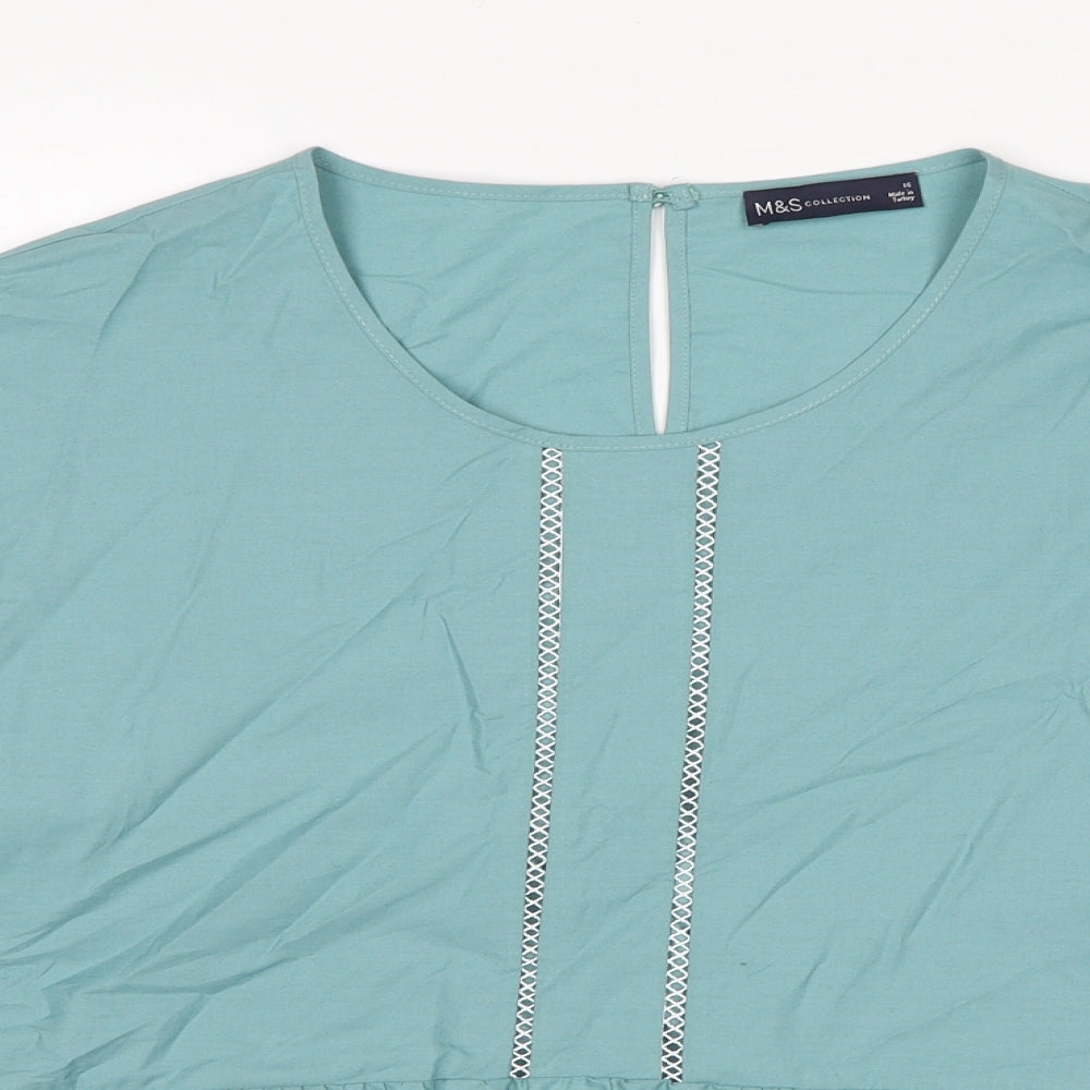 Marks and Spencer Womens Blue Cotton Basic Blouse Size 16 Round Neck - Contrast Stitching