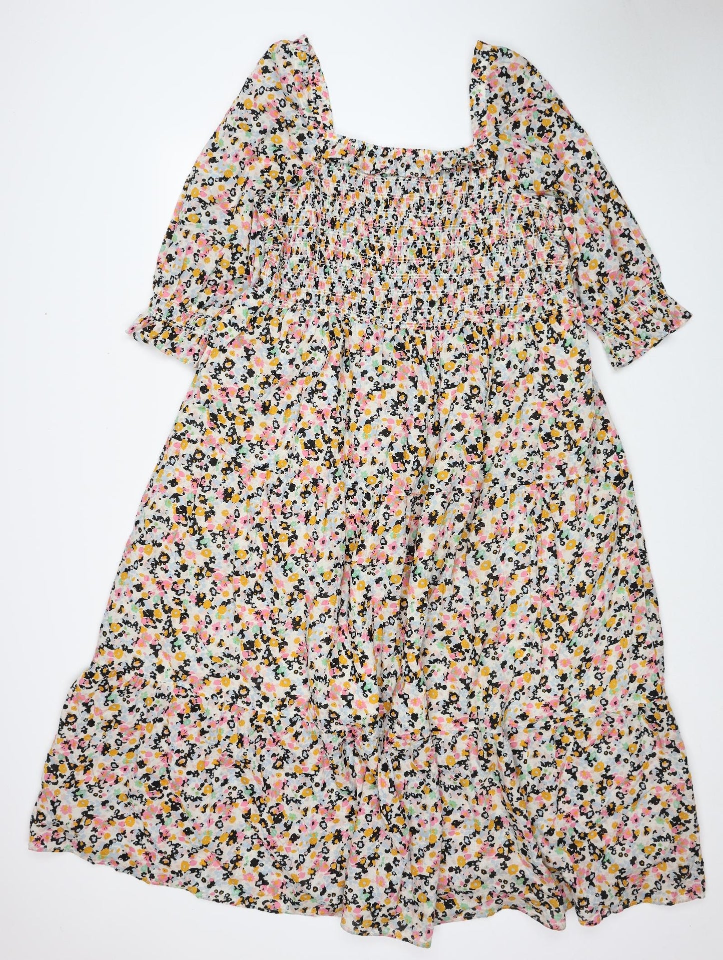Marks and Spencer Womens Multicoloured Floral Polyester Maxi Size 18 Square Neck Pullover - Shirred Top
