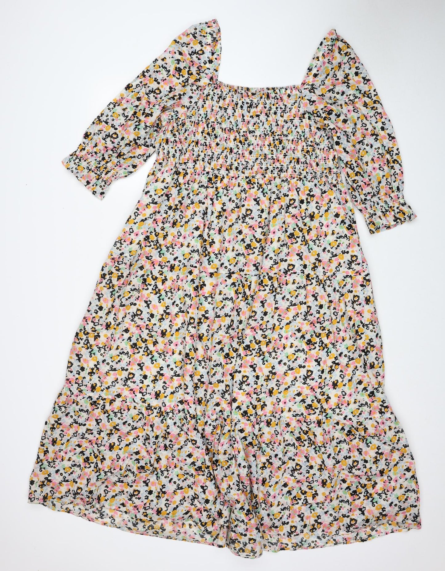 Marks and Spencer Womens Multicoloured Floral Polyester Maxi Size 18 Square Neck Pullover - Shirred Top