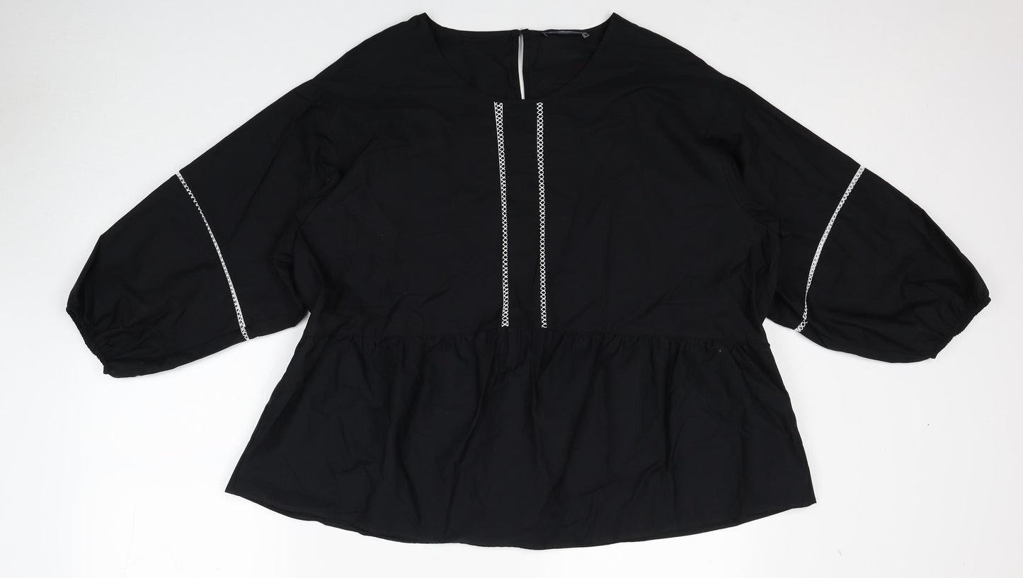 Marks and Spencer Womens Black Cotton Basic Blouse Size 16 Boat Neck - Contrast Stitching