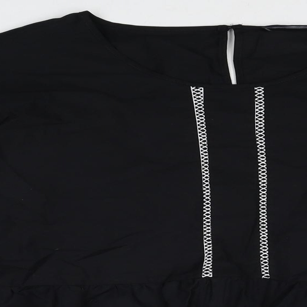 Marks and Spencer Womens Black Cotton Basic Blouse Size 16 Boat Neck - Contrast Stitching