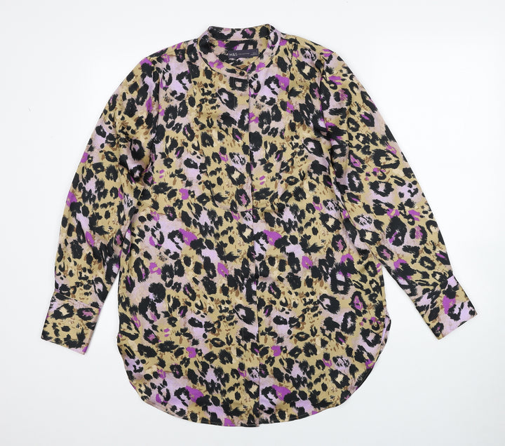 Marks and Spencer Womens Multicoloured Animal Print Polyester Basic Button-Up Size 8 Round Neck - Leopard Print